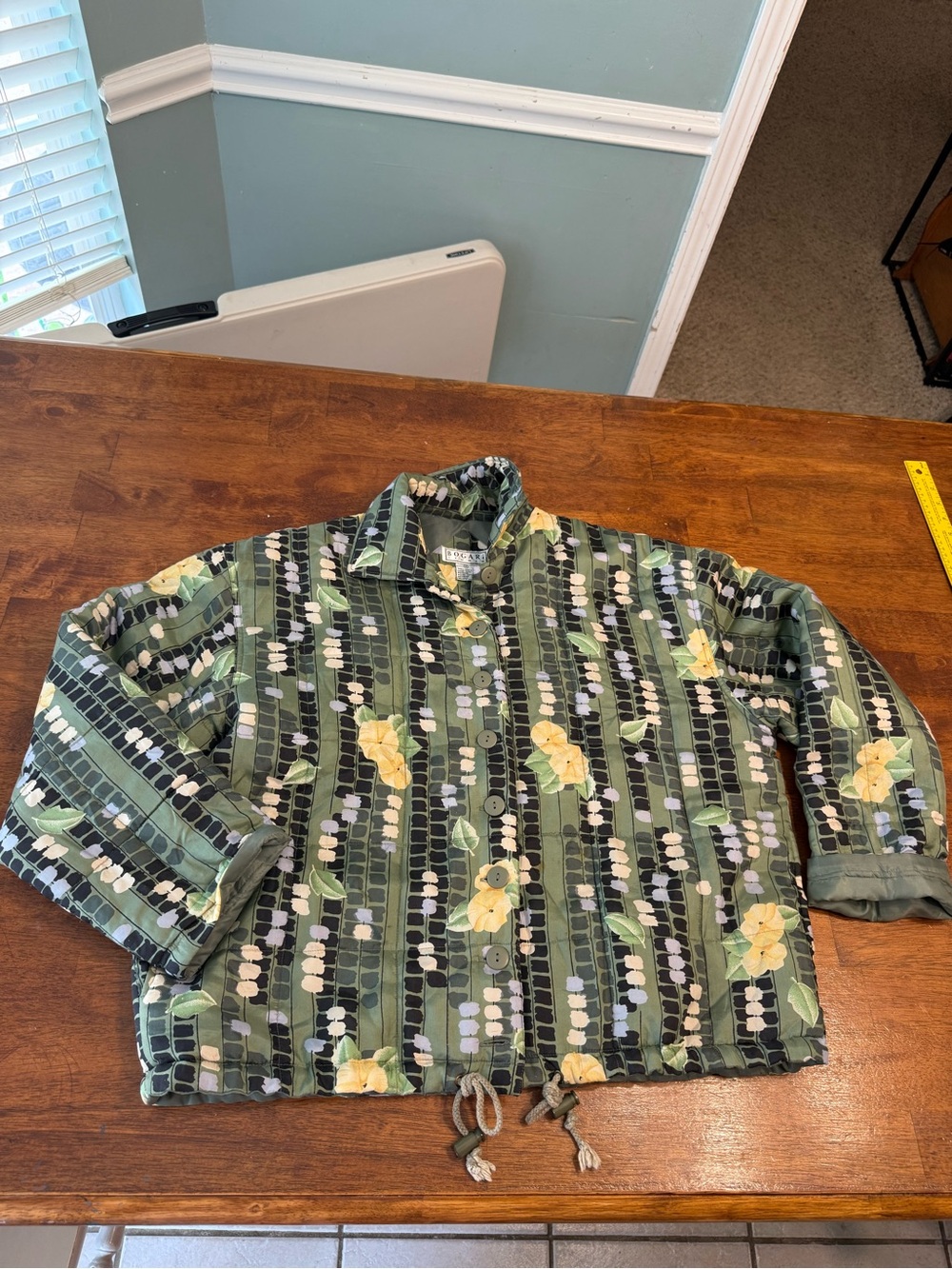 VTG Bogari 100% Silk Jacket Womens M Green Striped Geometric Yellow Floral